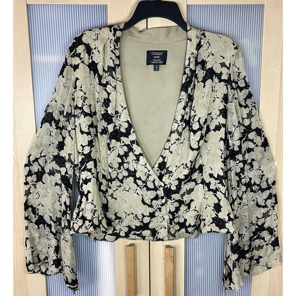 Carmen Marc Valvo Beaded V-Neck Top‎ Blouse Sz 14 Designer Party Wedding Silk